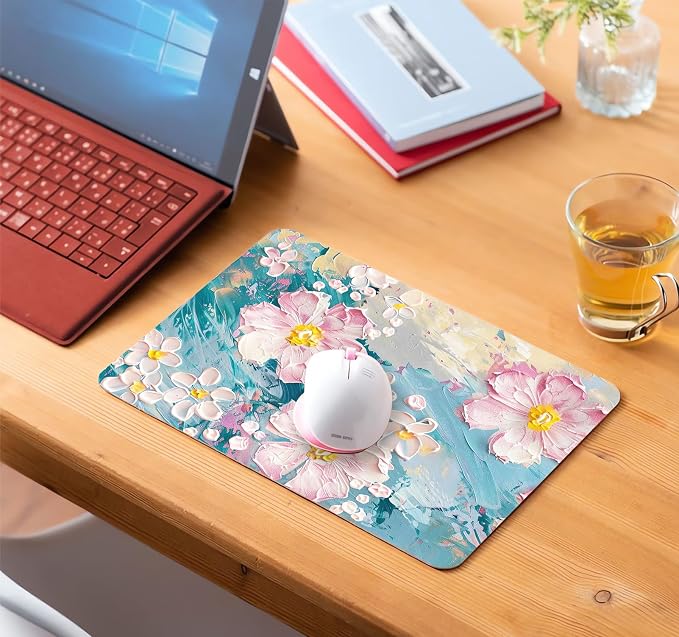 Square Pink Flowers Mouse Pad Cute, Watercolor Floral Computer Mouse Pads Small, Abstract Blue Mousepad Washable, Non-Slip Rubber Base Mouse Mat, Beautiful Office Decor Gift for Women Girls Coworkers