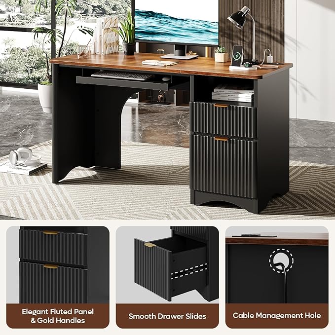 Bestier Computer Desk with Keyboard Tray, 55 inch Office Desk with Power Outlet, Modern Home Office Desk with File Drawer (Walnut with Black, 55" W with Single-Sided Drawers)