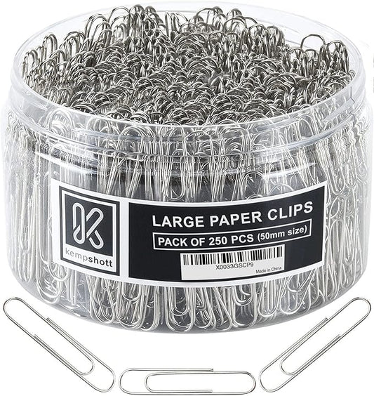 250 Large Paper Clips Smooth, Jumbo Paper Clips for Paperwork Ideal for Home, School and Office Use (Large, Silver)