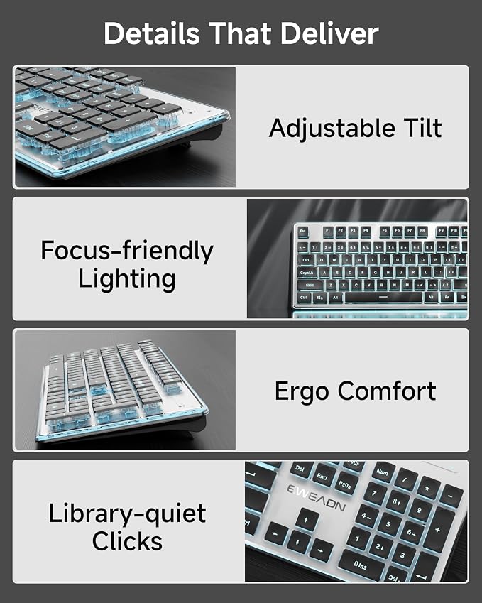 Wireless Keyboard and Mouse Combo with White Backlit Pudding Keycaps, Bluetooth & 2.4G, 2000mAh Rechargeable, Full Size, Metal Panel Quiet Computer Keyboard Set for Windows PC Desktop - Black