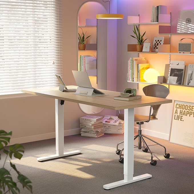 HUANUO 71x30 Inch Electric Standing Desk, Height Adjustable, Light Walnut | 176 Lbs Capacity, Smooth Home Office Desk, 4 Memory Presets & Headphone Hooks, 28.3–46.5 Inch Height Range, Easy to assemble
