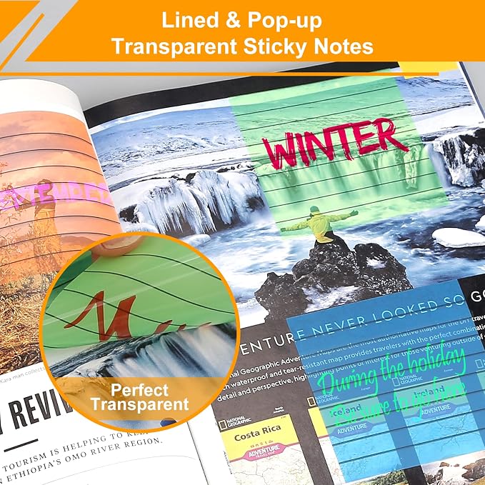 Transaprent Sticky Notes Lined 300 Sheets 3"X3" Pop Up Bright PET Material | Clear Translucent Self-Adhesive Sticky Notes for Back to School & Office Supplies, See Through Reveals Underlying Bible Text
