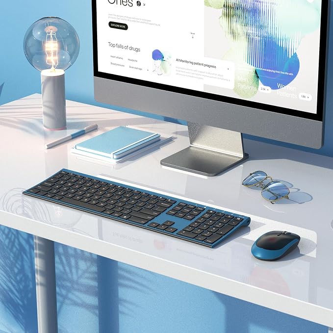 Vssoplor Wireless Keyboard and Mouse, Rechargeable Ultra Slim, Black Blue | Quiet Full-Size Keyboard and Mouse Combo Set, for Laptop, PC, Notebook, Desktop, 2.4GHz Stable Connection, Ideal for Office