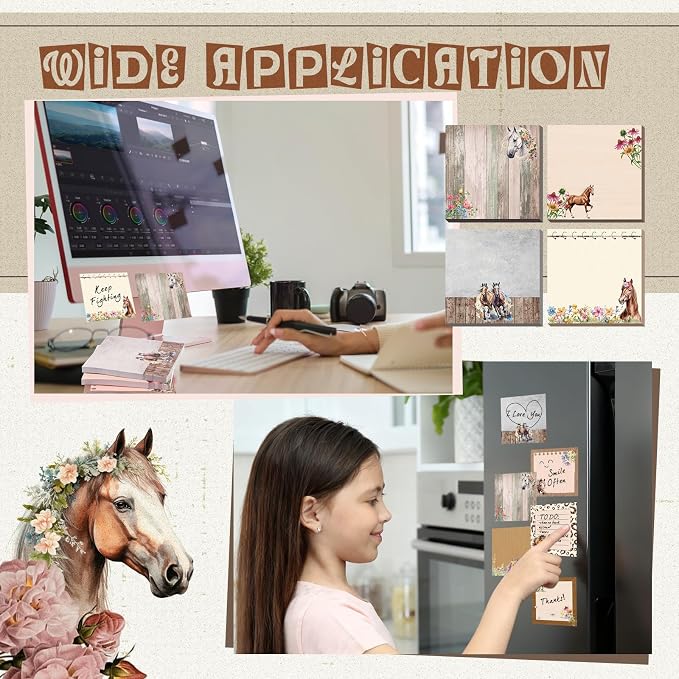 9 Pads Horse Sticky Notes, 3x3 Inch Cute Stick Notepads | Adhesive Memo Notes Pad, Coworker Gifts, Office Supplies Decor, Desk Accessories for Students, Teacher, Meeting