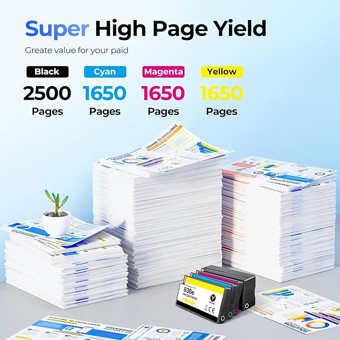 936XL Ink Cartridge Combo Pack Compatible with HP 936 Hield Yield | Works with OfficeJet Pro 9125e, 9120e, 9135e Printers, 4 Pack (Black, Cyan, Magenta, Yellow)