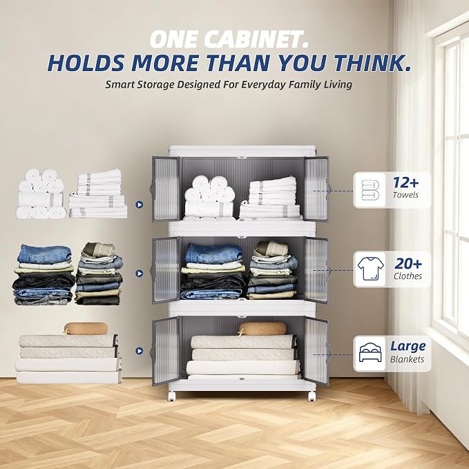 SAILUN 348Qt Stackable Storage Bins,Storage Cabinet with a Lid,3 Pack White | Stackable Storage Drawers with Lids,26" W x 17" D x 43.7" H,Featuring open-front Access for Clothes and Closet Storage