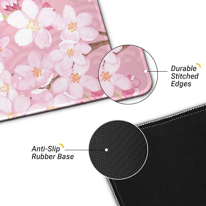 Gaming Mouse Pad with Anti-Slip Rubber Base, Extended Large Computer Mouse Mat with Stitched Edges, Long XL Anime Mousepad for Laptop and Keyboard, 31.5 x 11.8 inch (Pink Cherry Blossom)