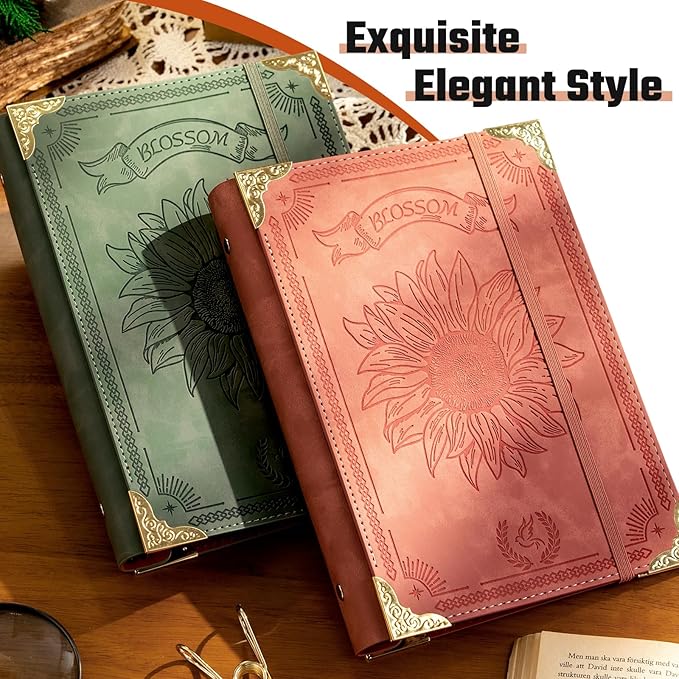 Sunflower PU Leather A5 Binder 6 Ring Refillable Journal Cover No Inserts A5 Planner Binder Loose Leaf Binder for Notebook 5.7”x8.3” with Elastic Closure, Green