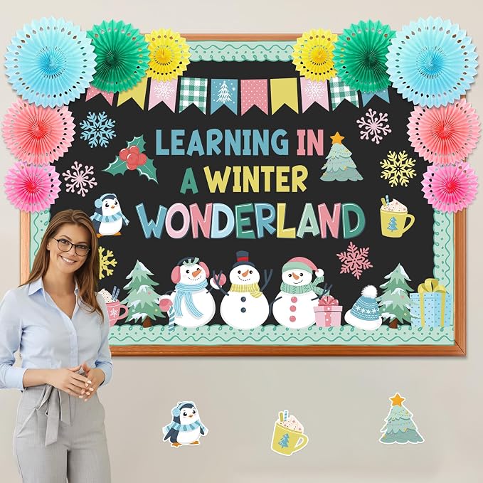 67 Pcs Winter Bulletin Board Decorations Set with 3D Paper Fans | Winter Classroom Decorations, Snowman Snowflake Penguin Xmas Tree Cutouts, Christmas Holiday School and Home Wall Door Decor