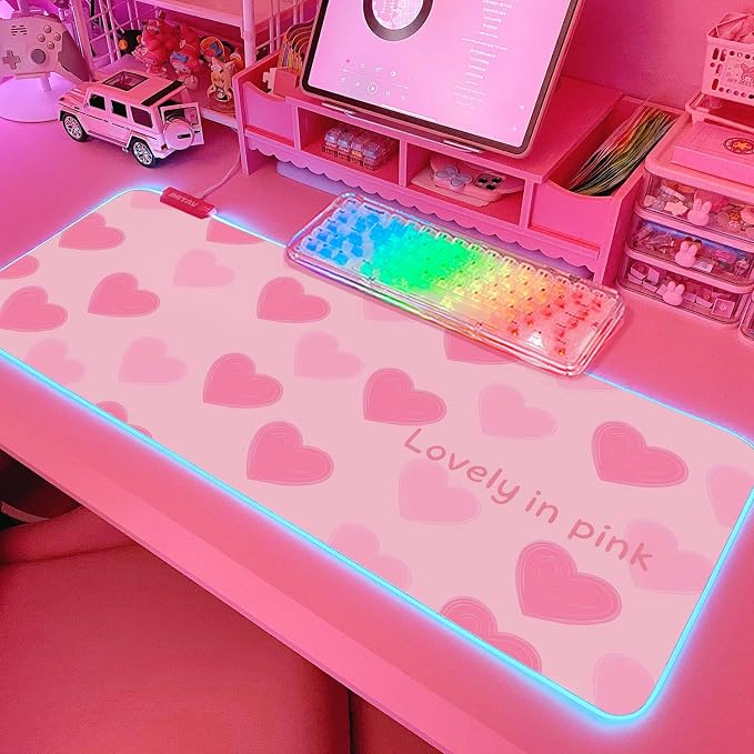 JMIYAV Pink Love Heart RGB Gaming Mouse Pad 31.5x12 Inch Cute Mousepad PC XL Large Extended Glowing Led Light Up Desk Pad Non-Slip Rubber Base Computer Mat Desk Accessories Gaming Setup Sweet Hearts