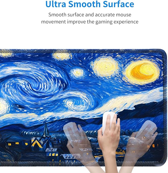Van Gogh Cat Starry Night Mouse Pad, Large Desk Mat | Gaming Mouse Mat, 31.5x11.8in, Micro-Woven Cloth Surface, Non-Slip Rubber Base, Machine Washable