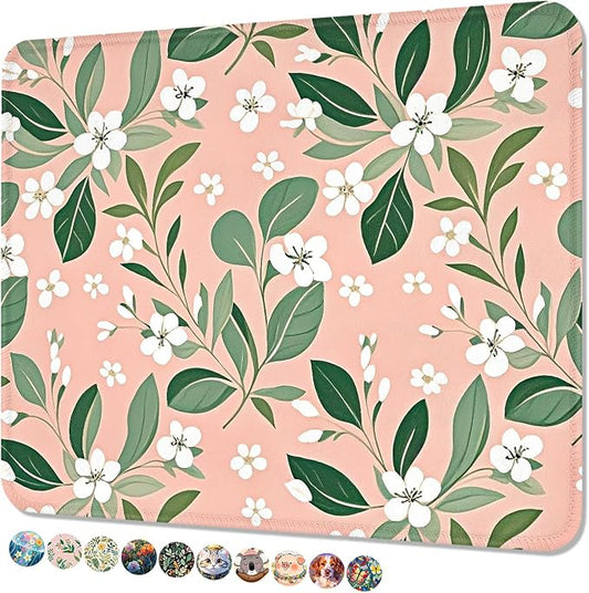 Mouse Pad, Cute Mouse Mat, 10" x 8", Pink Flower | Square Waterproof Gaming Computer Mat, Textured Top, Stitched Edges, Non-Slip Rubber Base for Office Home Laptop Keyboard