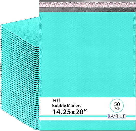 Teal 14.25x20 Inch Poly Bubble Mailers #7 | Self Seal Large Padded Envelopes | Air Cushioned Bubble Mailer | Usable Size 14.25x19 Inch | Waterproof Lightweight Mailing Shipping Bags | 50 Pack Bulk