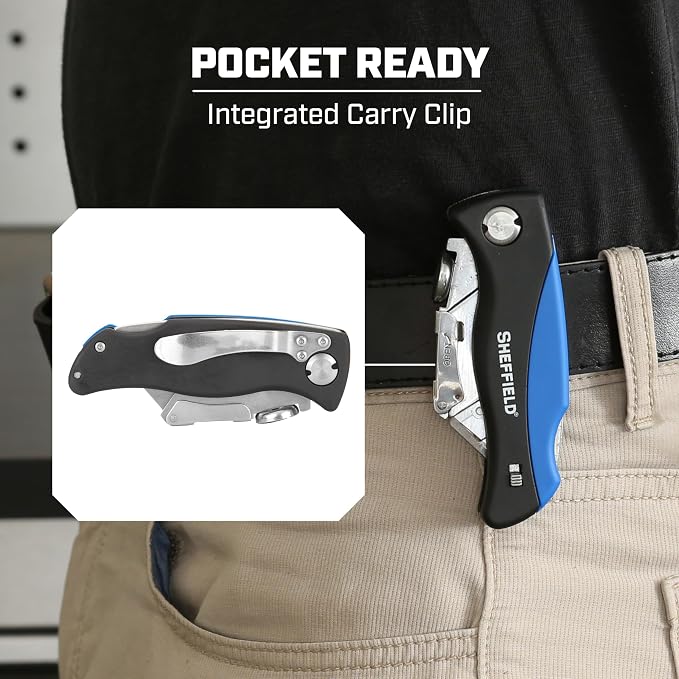 Sheffield 12119 Utility Knife & 5 Utility Knife Blade Storage Compartment | Utility Knife Accepts Standard Utility Blades For Home, Office, Trades, and Warehouse