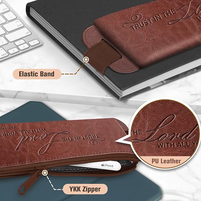 FINPAC 2-Pack Elastic Pen Holder for Notebook Leather Pen Holder | Stationery Zipper Bag for Pencils, Pen Pouch with Elastic Band for Bible Journaling, Planners, Tablets, brown