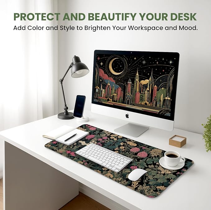 Aesthetic Desk Mat, Cute Vintage Garden Desk Pad Protector for Work & Decor, 31.5" x 11.8", Pretty Non-Slip Extended Mouse Pad for Office or Home