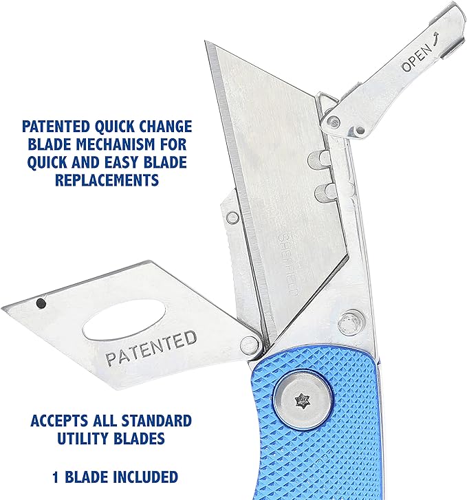 Sheffield Folding Utility Knife, Accepts Standard Utility Knife Blades, Box Cutter Aluminum Handle, Razor Blades Included, For Home, Office, Trades, and Warehouse