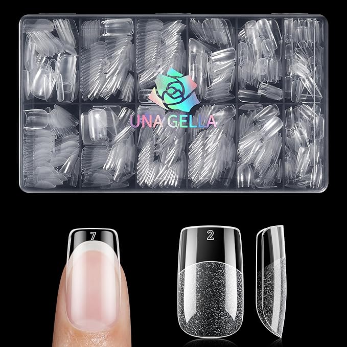 UNA GELLA 600Pcs Short Square Gel Nail Tips, Square Press on Nails Pre Etched Full Cover Soft Gel Nail Tips No C Curve For Women Girl DIY French & Chrome Style Salon At Home 12 Sizes
