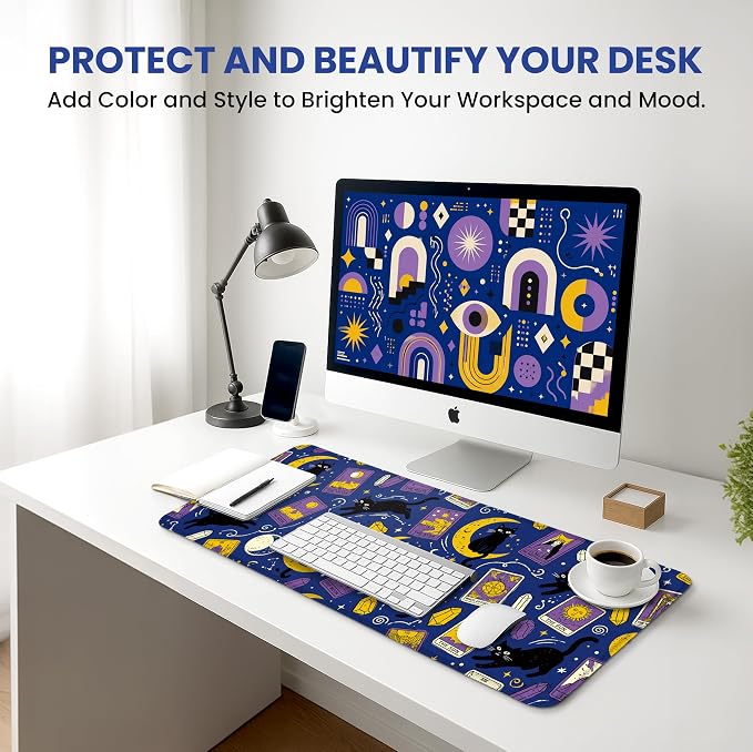 Aesthetic Desk Mat, Cute Mystic Cat Desk Pad Protector for Work & Decor, 31.5" x 11.8", Pretty Non-Slip Extended Mouse Pad for Office or Home
