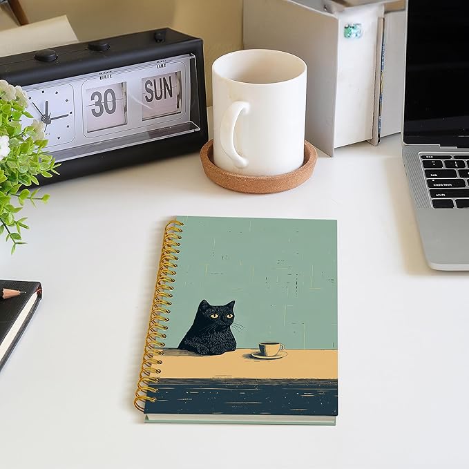 Vintage Coffee Black Cat Spiral Notebook, Black Cat Gifts Journal, Cats Lovers Mom Lady Gifts Journal Notebook, 5.5x8.3 Inch