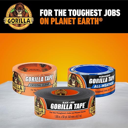 Gorilla Duct Tape, Black Tape, 1.88" x 50 yd (Pack of 6) - Heavy Duty and Weather Resistant for Indoor or Outdoor
