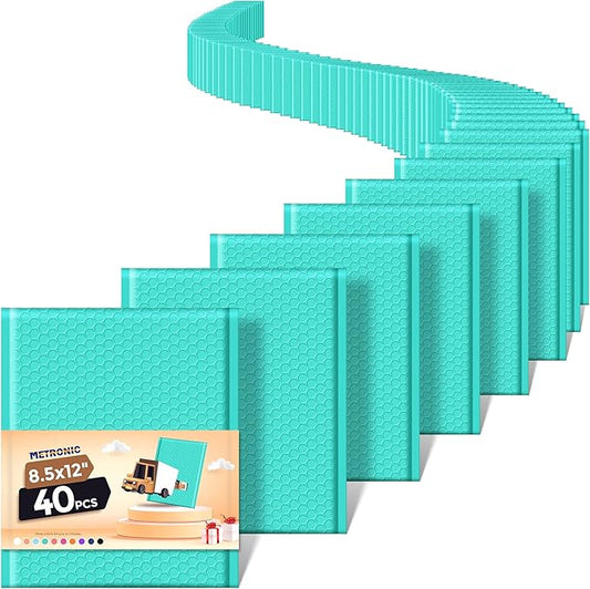 METRONIC Bubble Mailers 8.5 x 11 Inch 40 Pack Teal Waterproof Bubble Mailer Padded Envelopes Cushioning Poly for Christmas Gift, Clothes, Makeup, Books, Small Business Supplies