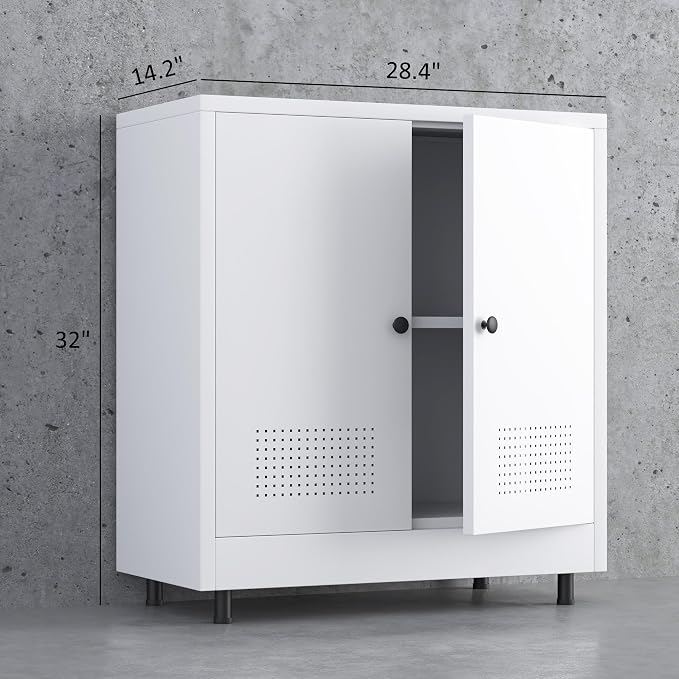Metal Storage Cabinet with 2 Doors and Adjustable Shelf, Free Standing Accent Sideboard Buffet Cabinet for Home, Office, Entryway, Hallway, Living Room, Kitchen and Dining Room (White)