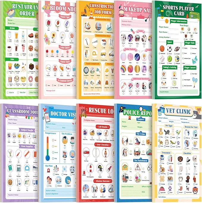 10 Pack Kids Pretend Play Notepads, 40 Pages Kids Playtime Pads, 4'' x 6'' All Roles Imaginative Role Play Activity Set, Educational Toys for Toddlers