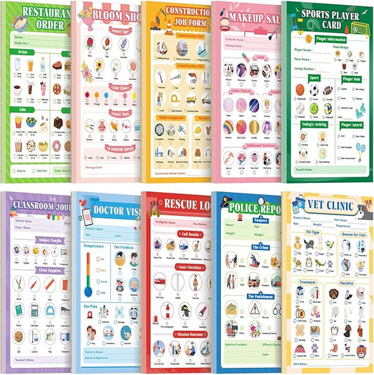 10 Pack Kids Pretend Play Notepads, 40 Pages Kids Playtime Pads, 4'' x 6'' All Roles Imaginative Role Play Activity Set, Educational Toys for Toddlers