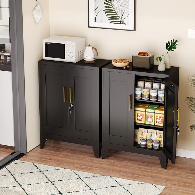 GAIOUS Black Metal Pantry Cabinet with Lock(Two Units), Sideboard Buffet | Storage Cabient with Doors and 2 Adjustable Shelves, Multifunctional Kitchen Cupboard for Home Office, Buffet Table