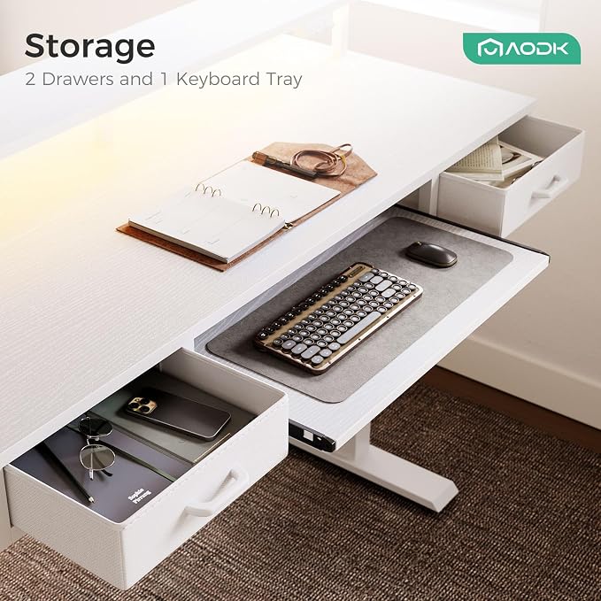 AODK 55 Inch Electric Standing Desk with Drawers & Keyboard Tray, White | Power Outlet, LED Lights, Monitor Stand, Cable Management Tray, 3 Memory Heights, 29.9"-46.1" in Range
