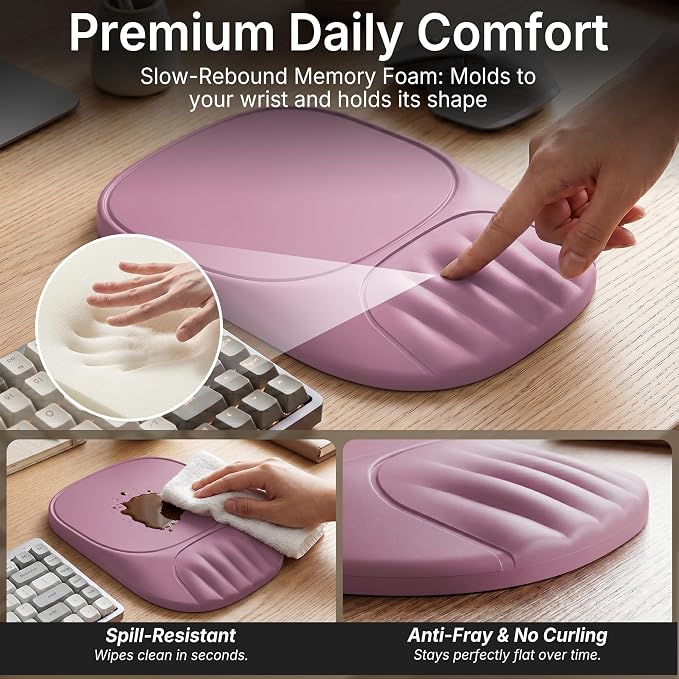 Ergonomic Mouse Pad with Wrist Rest, Sloped Memory Foam Mousepad with Wrist Support, Cooling Channels, Non-Slip Base, Smooth Lycra Surface for Office, Gaming & Home Desk (Dusty Rose)
