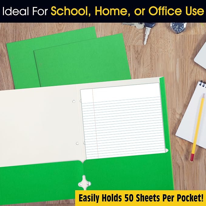 2 Pocket Portfolio Folders, 25 Pack, Trendy Cool Colors, Fits Letter Size Paper, for School, Office, Home, Matte Finish (Neon Green)