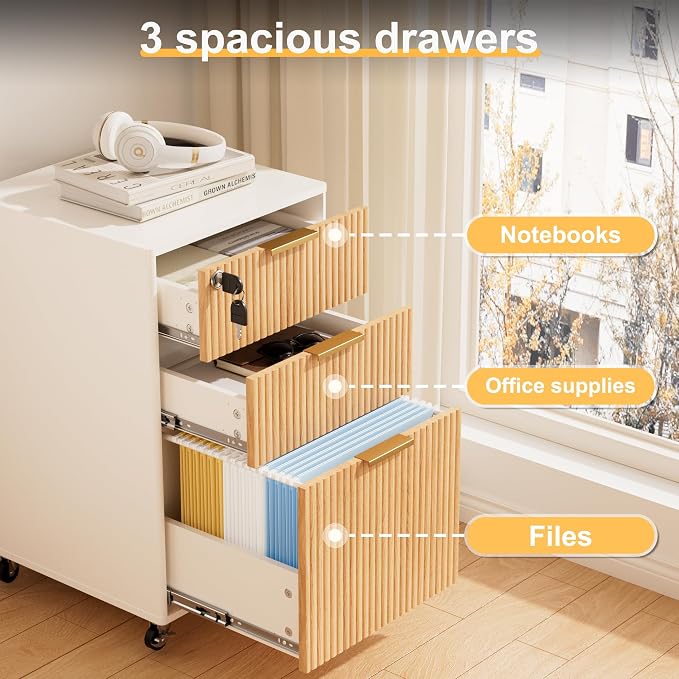 3 Drawers Fluted Mobile File Cabinet with Lock, Rolling File Cabinet Printer Stand Table, Under Desk Wooden Filing Cabinets for Home Office Essentials Storage Organization Furniture Letters/A4(Oak)