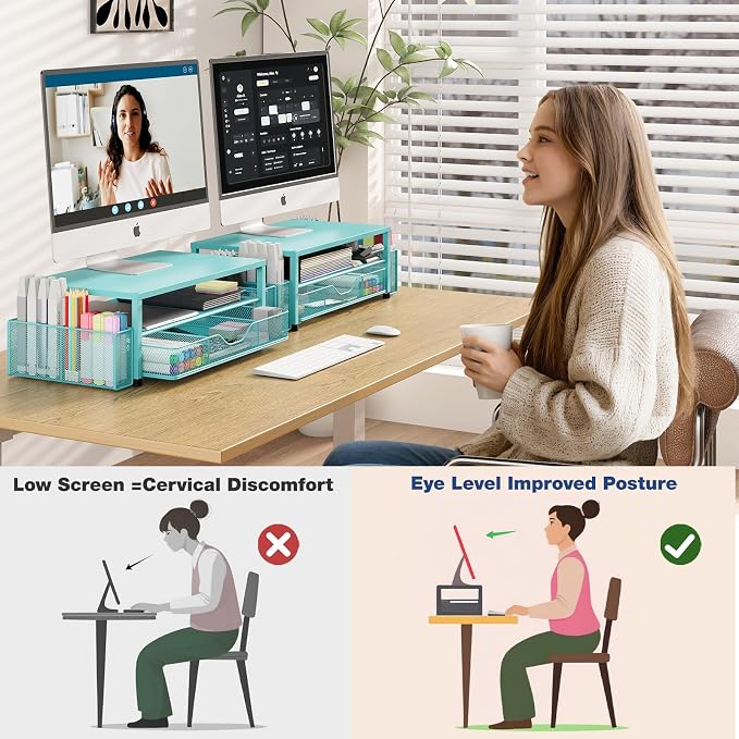 Desk Organizer and Accessories, 2-Tier Computer Monitor Stand Riser with Drawer and 2 Pen Holders, Laptop Stand, Office Desk Accessories for Office Supplies, 1 Pack, Teal Blue