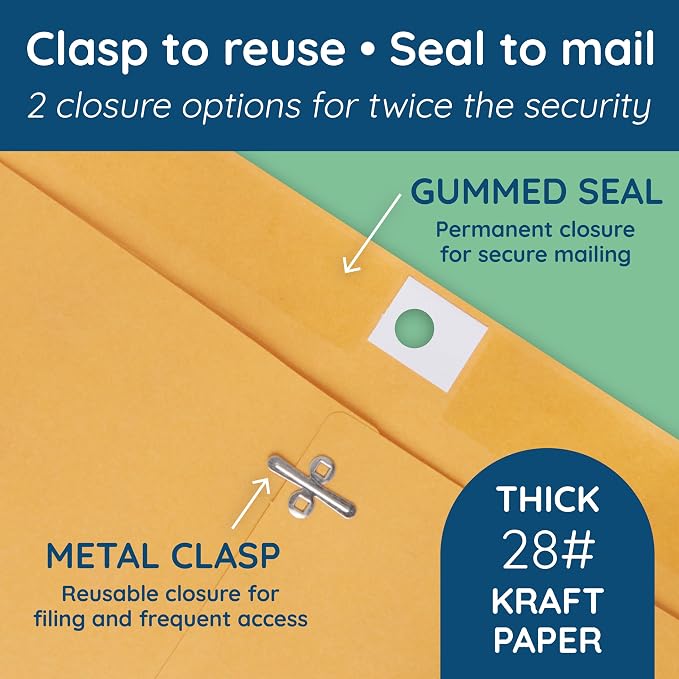 Blue Summit Supplies 100 12" x 15.5" Kraft Clasp Envelopes, Gummed Seal | 28lb brown kraft, clasp and gummed, reusable, for mailing large documents, folders, catalogs, blueprints