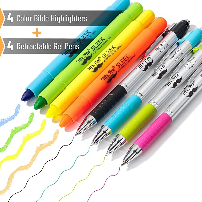 Mr. Pen- Bible Highlighters and Pens No Bleed, 8 Pack, Colorful Bible Pens and Highlighters No Bleed