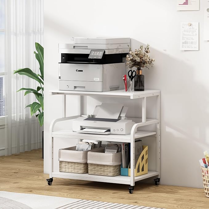 Fannova 32.3"x18.9"x32.1" Extra Large White Printer Stand with Storage | Height Adjustable Middle Shelf, 3 Tier Wide Printer Table with Industrial Wheels, Heavy Duty Rolling Cart for Home Office
