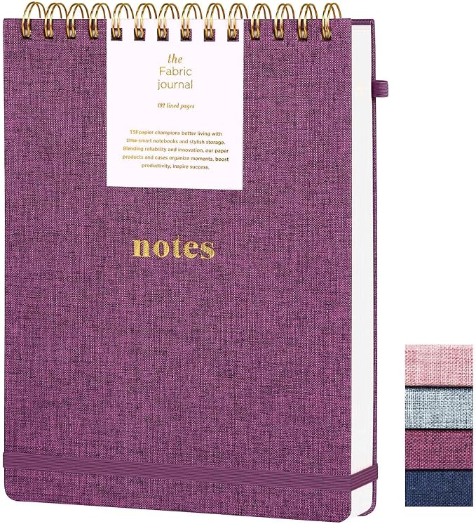 B5 Top Spiral Notebook, College Ruled Journal 7.36" x 9.84" | Fabric Hardcover Steno Pads, Elastic Band & Pen Loop, 100GSM Paper, 192 Lined Pages for Work, School, Travel (Purplish-red)
