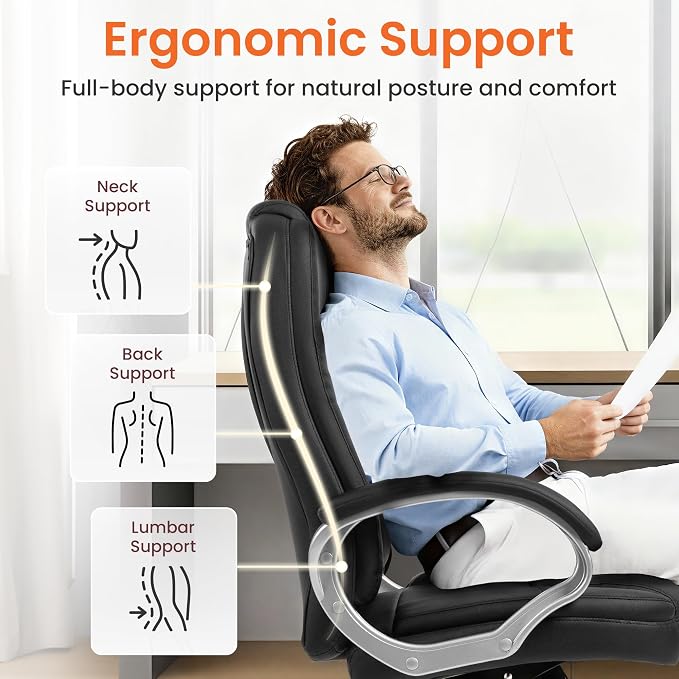 NEO CHAIR Office Desk Chair PU Leather Chair with Lumbar Support, Jet Black | Ergonomic High Back Executive Computer Chair, Comfortable Padded Fixed Armrests Swivel Chair with Wheels for Office/Home