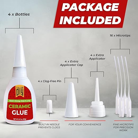 Y'allCanDiy Waterproof Super Glue for Ceramic 4 Pk x .7 Oz. (20g) - Ceramic Glue Repair for Pottery, No Smell After Cure. Best Cyanoacrylate Based Adhesive for China and Porcelain