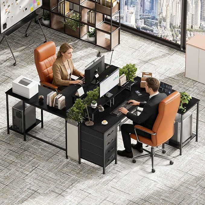 59 inch L Shaped Computer Desk with Power Outlets, Home Office Desk with 4 Adjustable Storage Drawers & 2 Monitor Stands, Two Person Gaming Table for Bedroom, Black