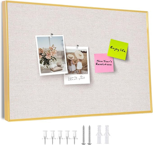 Bulletin Board with Golden Aluminum Frame, Oatmeal White Fabric Cork Board for Walls, 17 x 13 inches Pin Board with Push Pins for Office Home(G-AL,Fabric,4333)
