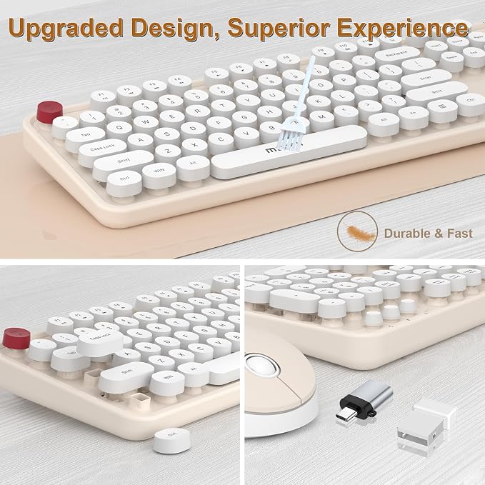 Wireless Keyboard Mouse, 104 Keys Cute Colorful Typewriter Creamy White | With OTG & Long Clean Bruch,Compatible With All windows and Type C Computer,1600DPI,Ideal For PC, Home, Office and College