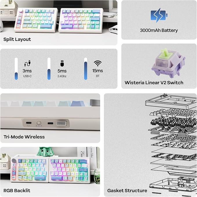 EPOMAKER Split70 Wireless Ergonomic Keyboard with QMK/VIA and Knob, Mechanical Gaming Keyboard with RGB, Hot-Swap, Creamy Linear Switch, PBT Keycap, Mac Modifier, Gasket, 70% Split Layout (White)