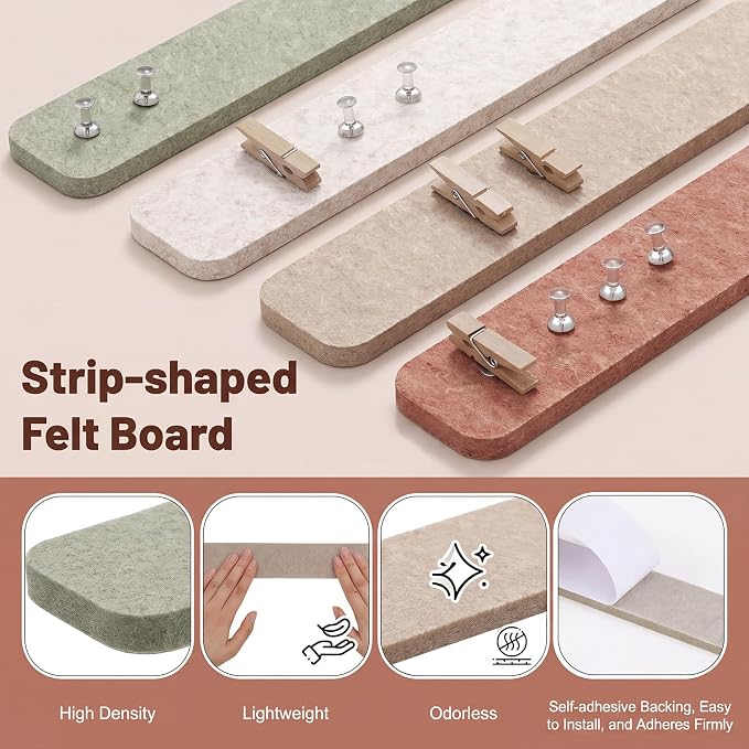 Thboxes 8 Pack Felt Bulletin Board Strips, 13x2 Inch Self Adhesive Felt Pin Boards with 50 Pushpins and 10 Wooden Clips Push Pins, Cork Board for Walls Home Office Decor(Vintage Neutral)