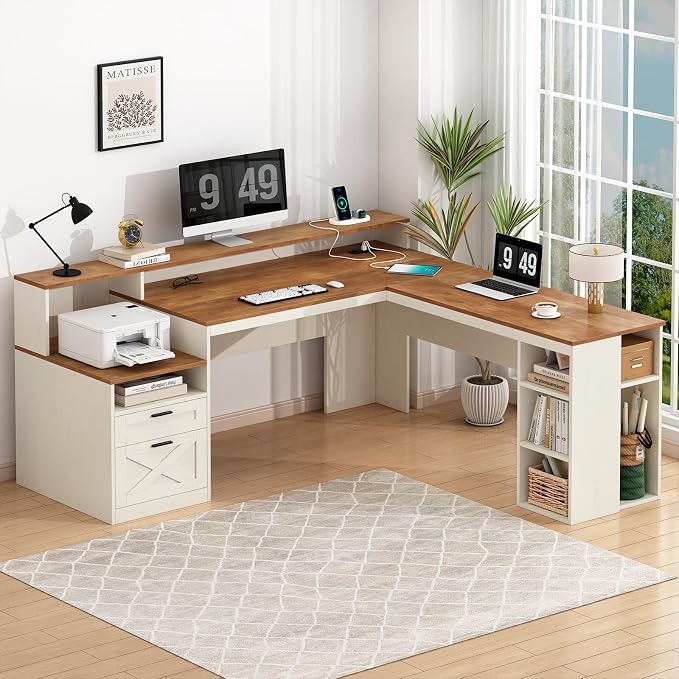 63" Farmhouse L Shaped Desk with Drawers & Storage Shelves for Home Office | Corner Desk with Outlets & LED Lights, L Shaped Office Desks with File Drawer, Printer Shelf, Monitor Stand, Antique White