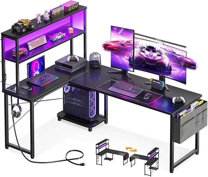 AODK L Shaped Desk Gaming Desk with LED Light & Power Outlet, 61 Inch Reversible L Shaped Computer Table with Shelf & Storage Bag & Hook for Home Office, Black