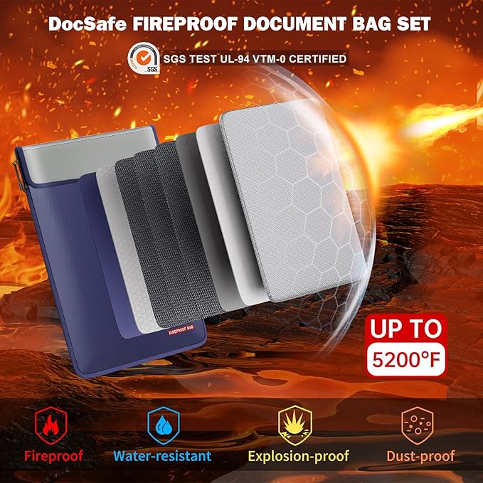 DocSafe Fireproof Document Bag (5200℉) with Fireproof Organizer Travel Case,Heat Insulated Fire＆Water Resistant 8 Layers Safe Money Bag Storage for Important Documents,Cash,Power Bank,Valuables,Blue