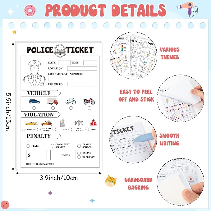 TICIAGA Sticky Notes-Black 10PCS 4x6 In Playtime Pad Included Restaurant Police Vet Doctor Visit Coffee Salon Notepad 30 Page Pretend Notebook Imaginative Role for Toddler Kid Play Game, Mix